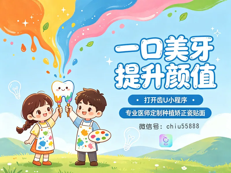 卡通儿童举着牙齿画笔