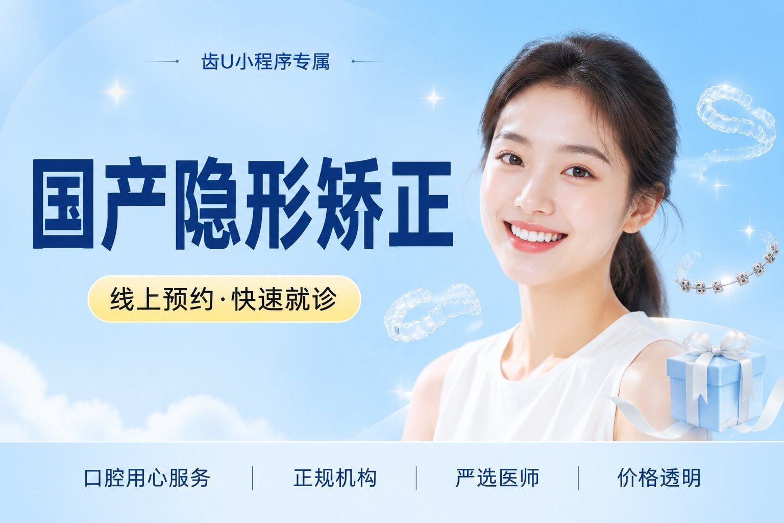 【国产隐形矫正】：国产隐形矫正套餐，简单矫正案例，不含拔牙费用，不限购